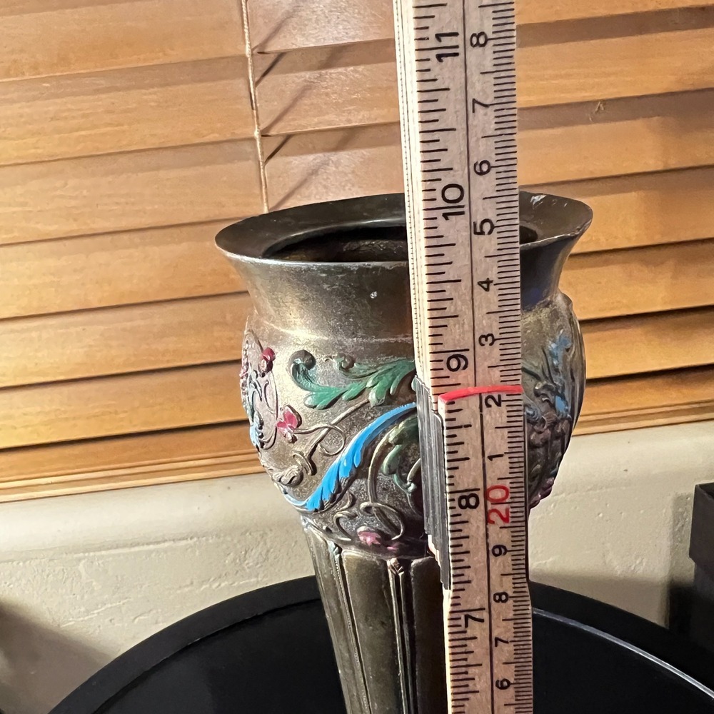 Vintage Etched Brass & Enamel Floral Vase Boho Decor 9.5 Inch Tall - Picture 13 of 15